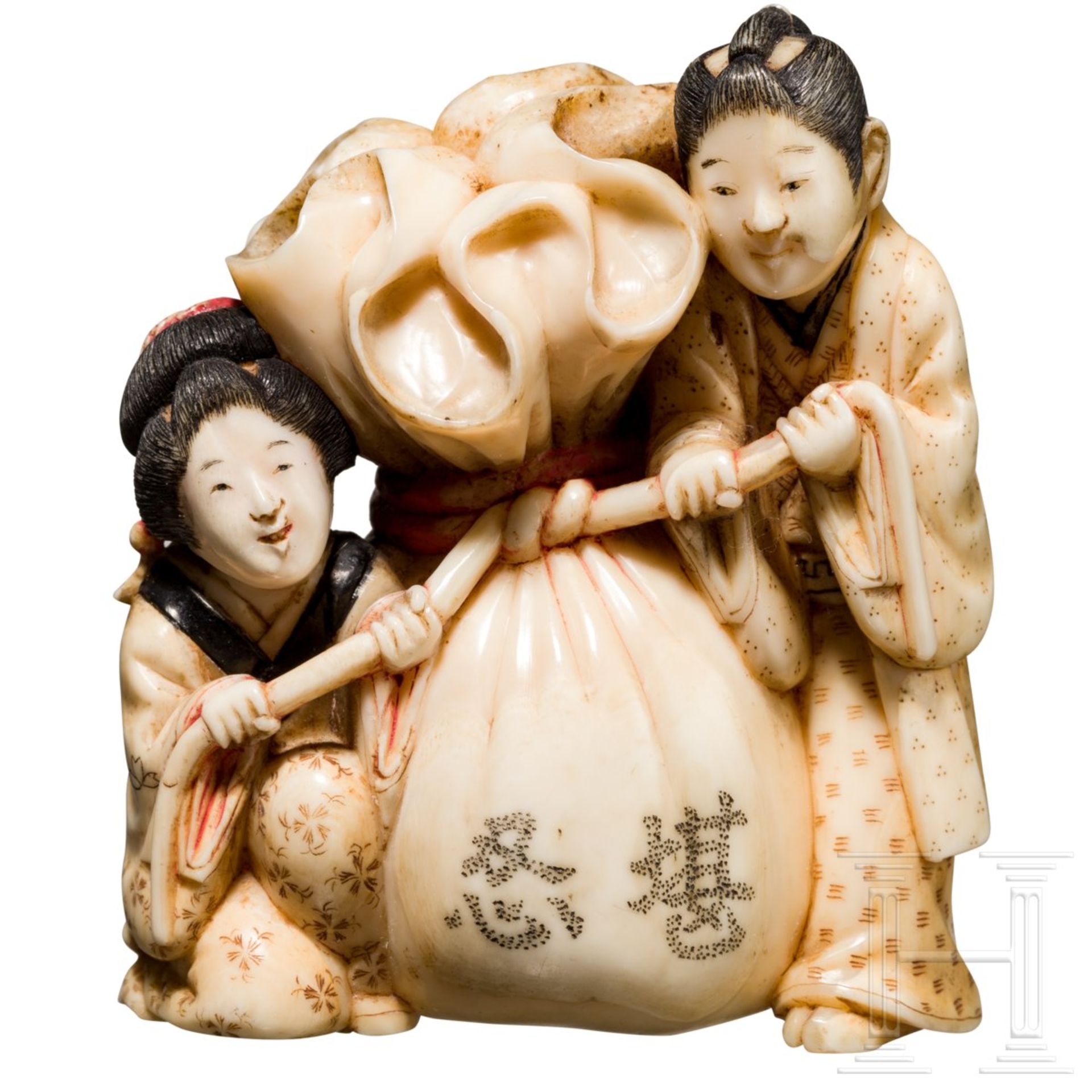 Okimono in Form von Hoteis Glückssack, Japan, Meiji-/Taisho-PeriodeFein geschnitzte Darstellung