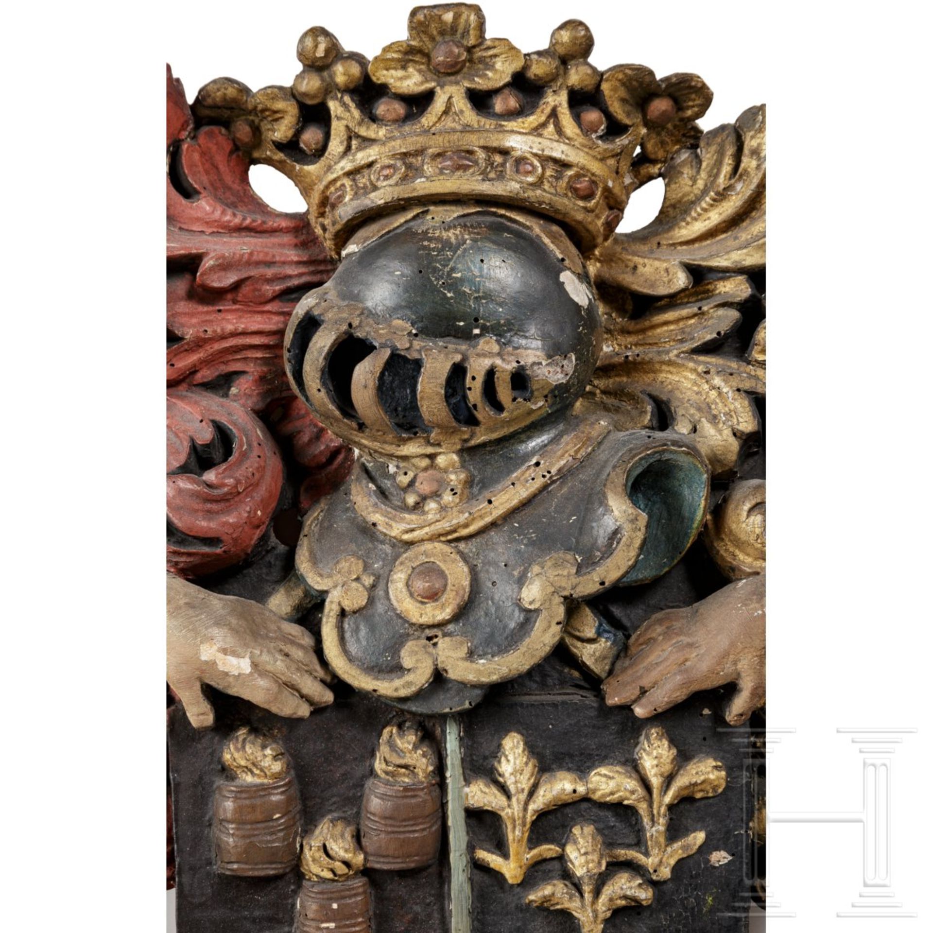 Geschnitztes Wappenpaneel, Flandern, 17. Jhdt.Polychrom gefasstes, stellenweise leicht verwurmtes - Bild 3 aus 3