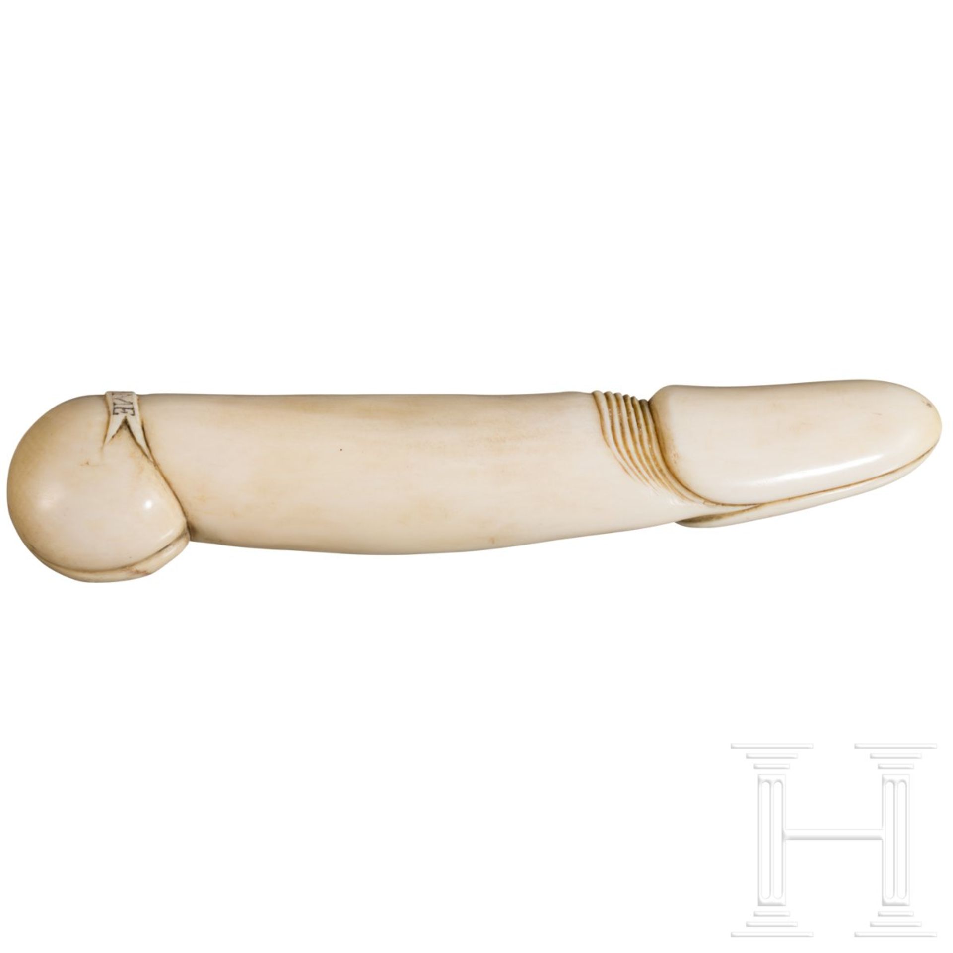 Elfenbeinphallus im Kasten, England, Mitte 19. Jhdt.Stilisierter, aus Elfenbein geschnitzter - Bild 3 aus 4