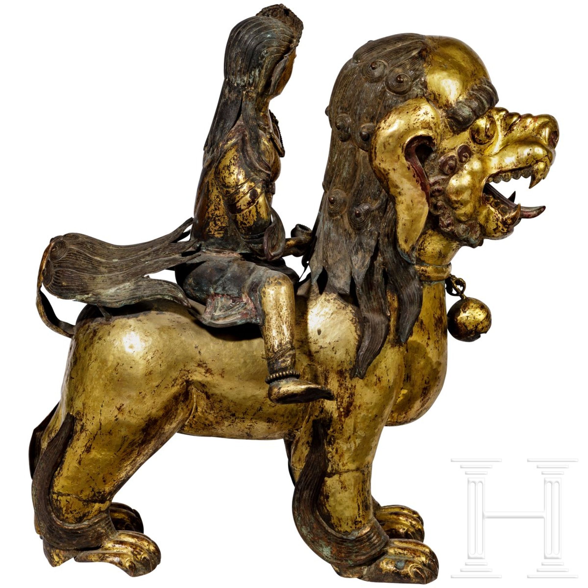 Ein Paar Foo-Löwen mit himmlischen Reitern, sino-tibetisch, 18. Jhdt.Mehrteilig gearbeitete - Bild 6 aus 8