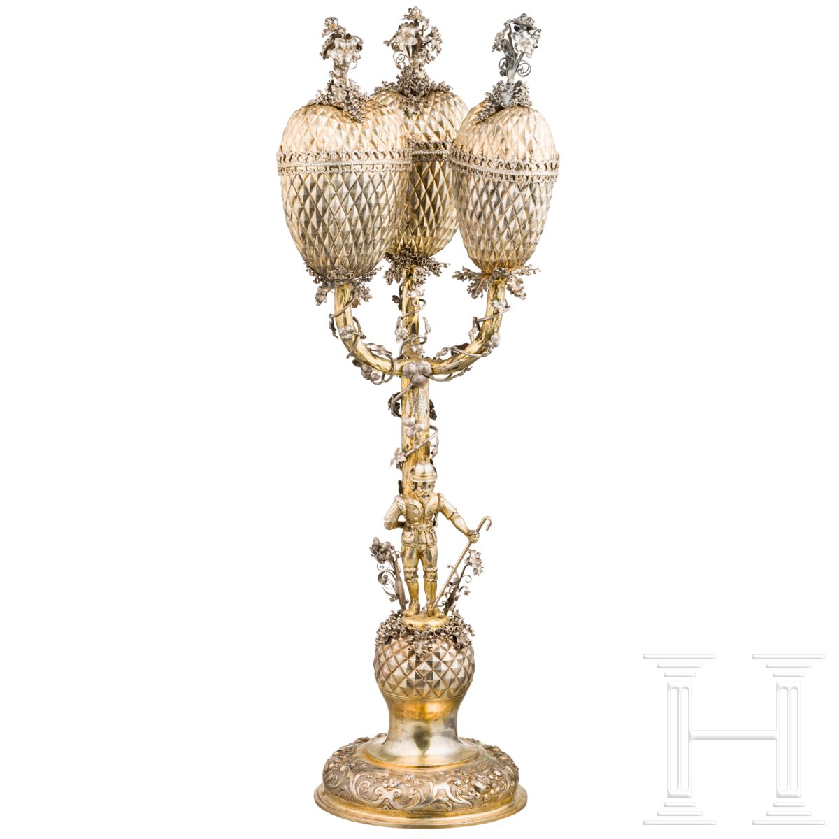 Dreifacher Ananaspokal mit Diamantdekor, deutsch, um 1900Silber, gegossen, getrieben, graviert, - Image 2 of 9