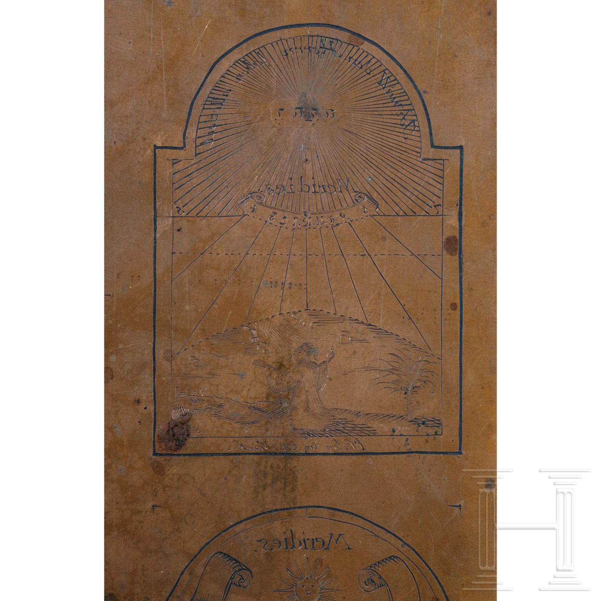 Kupferstichplatte für Sonnenuhrskalen, Schwaben, datiert 1744Rechteckige Kupferplatte mit neun - Bild 3 aus 3