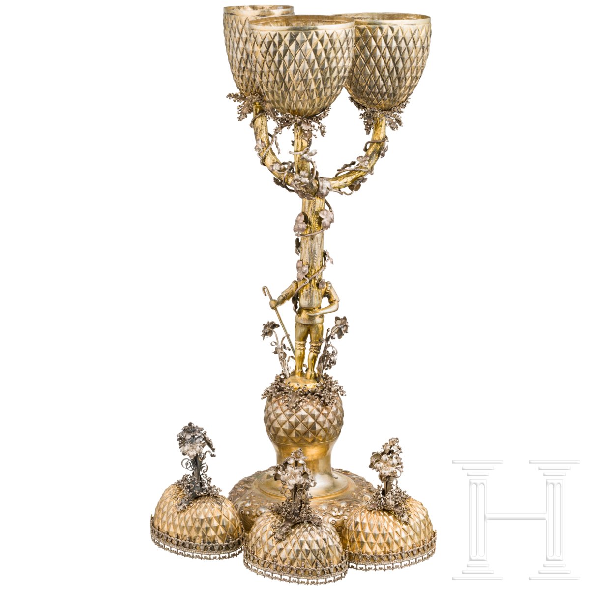 Dreifacher Ananaspokal mit Diamantdekor, deutsch, um 1900Silber, gegossen, getrieben, graviert, - Image 5 of 9