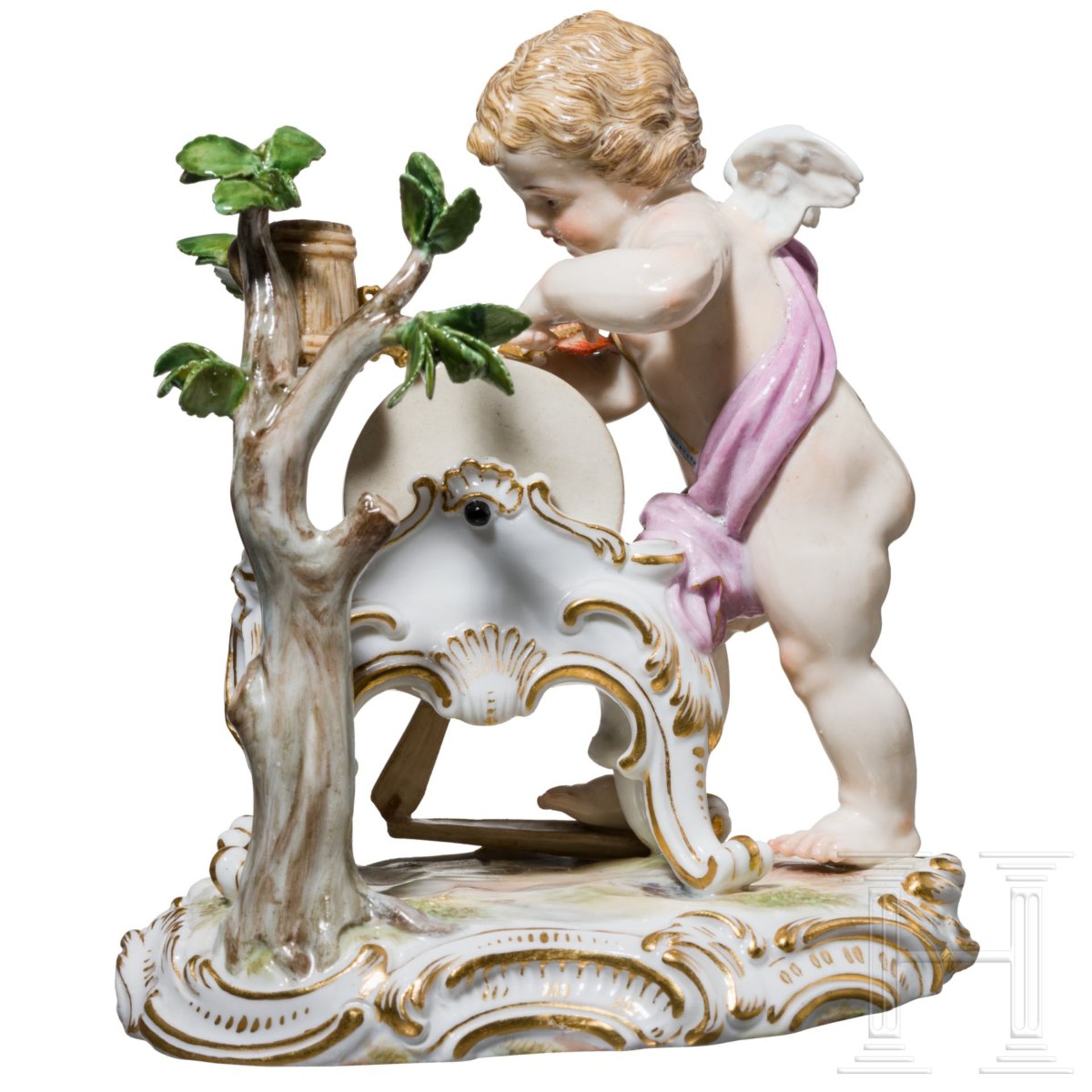 Feine Porzellanfigur Amor als Schleifer, Meißen, 19. Jhdt.Vollplastisch gearbeitetes Porzellan, bunt - Bild 2 aus 3