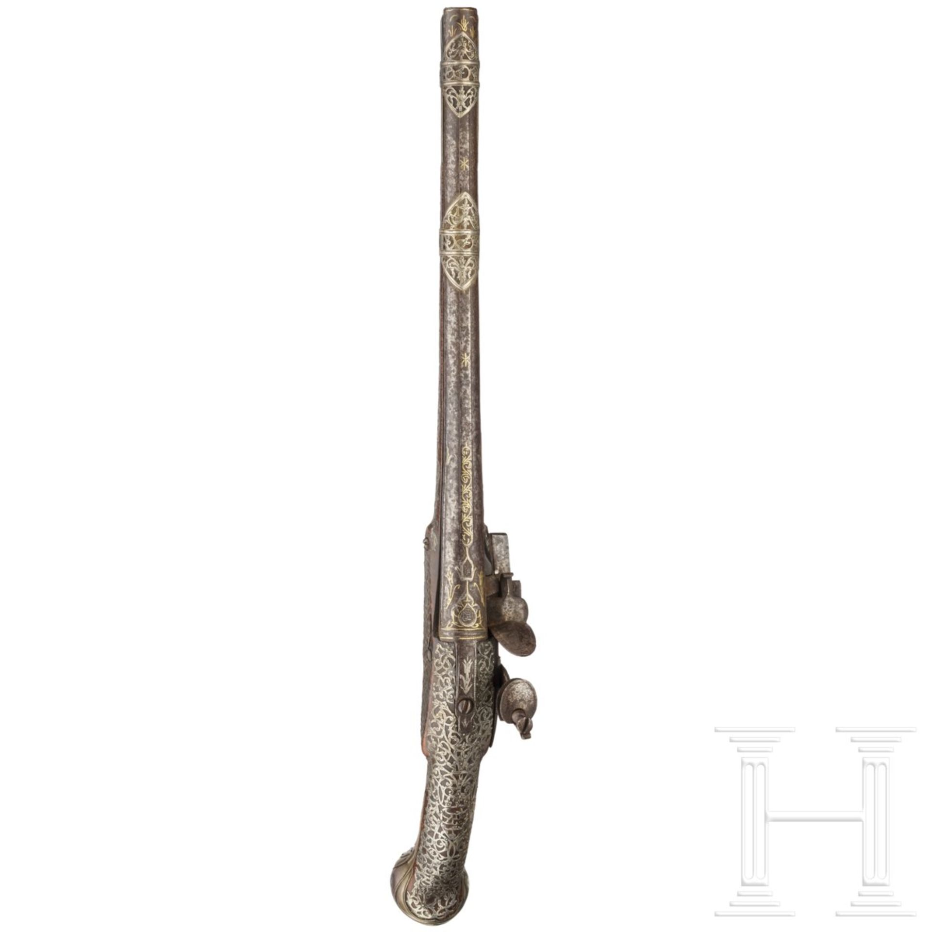 Silbermontierte Steinschlosspistole, osmanisch, 18. Jhdt.Glatter Lauf im Kaliber 14 mm, im - Bild 3 aus 6