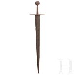 Ritterliches Schwert, deutsch, um 1400Breite, sich konisch verjüngende Klinge mit beidseitiger