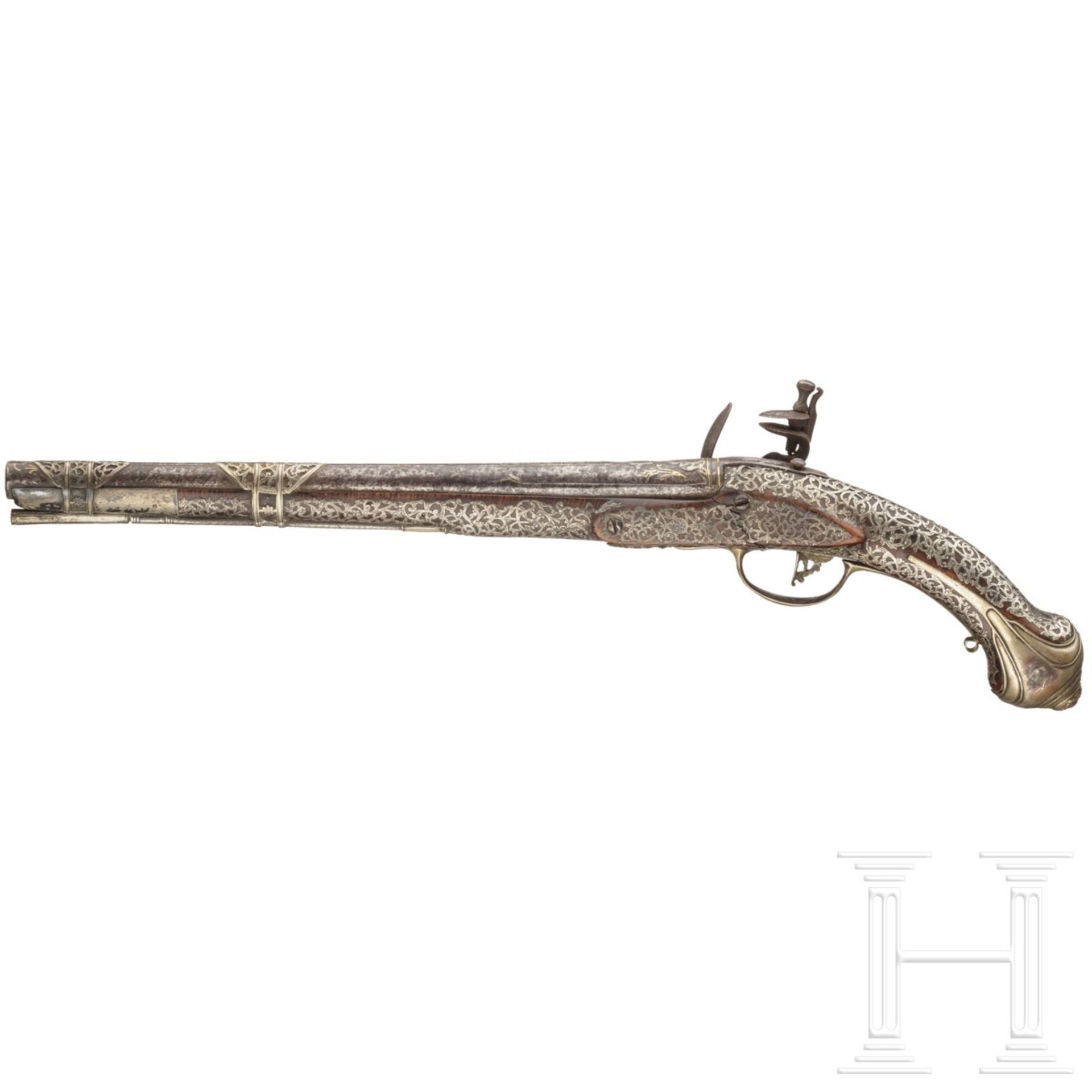 Silbermontierte Steinschlosspistole, osmanisch, 18. Jhdt.Glatter Lauf im Kaliber 14 mm, im - Bild 2 aus 6