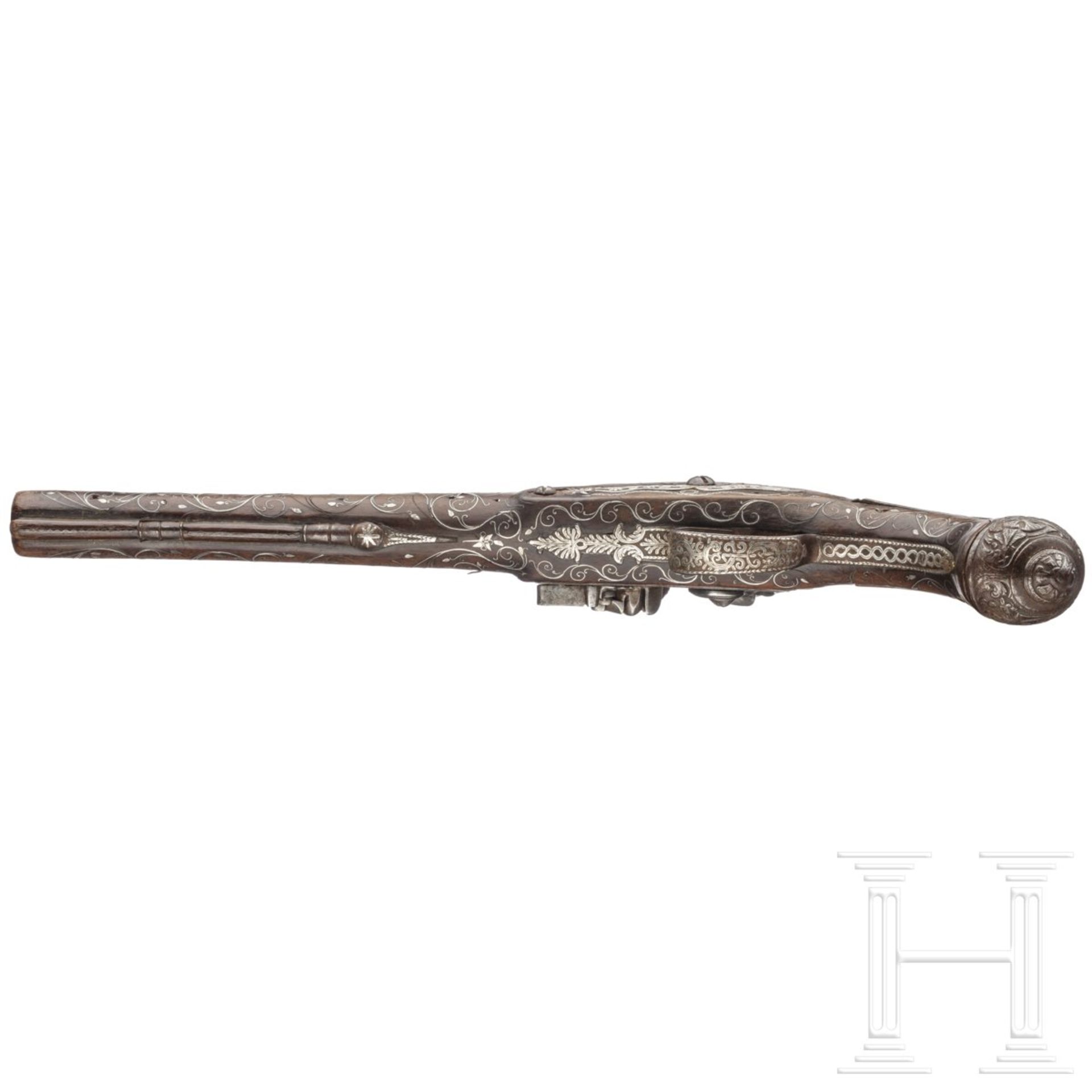 Silbereingelegte Steinschlosspistole, balkantürkisch, 1. Hälfte 19. Jhdt.Achtkantiger, nach - Bild 4 aus 4