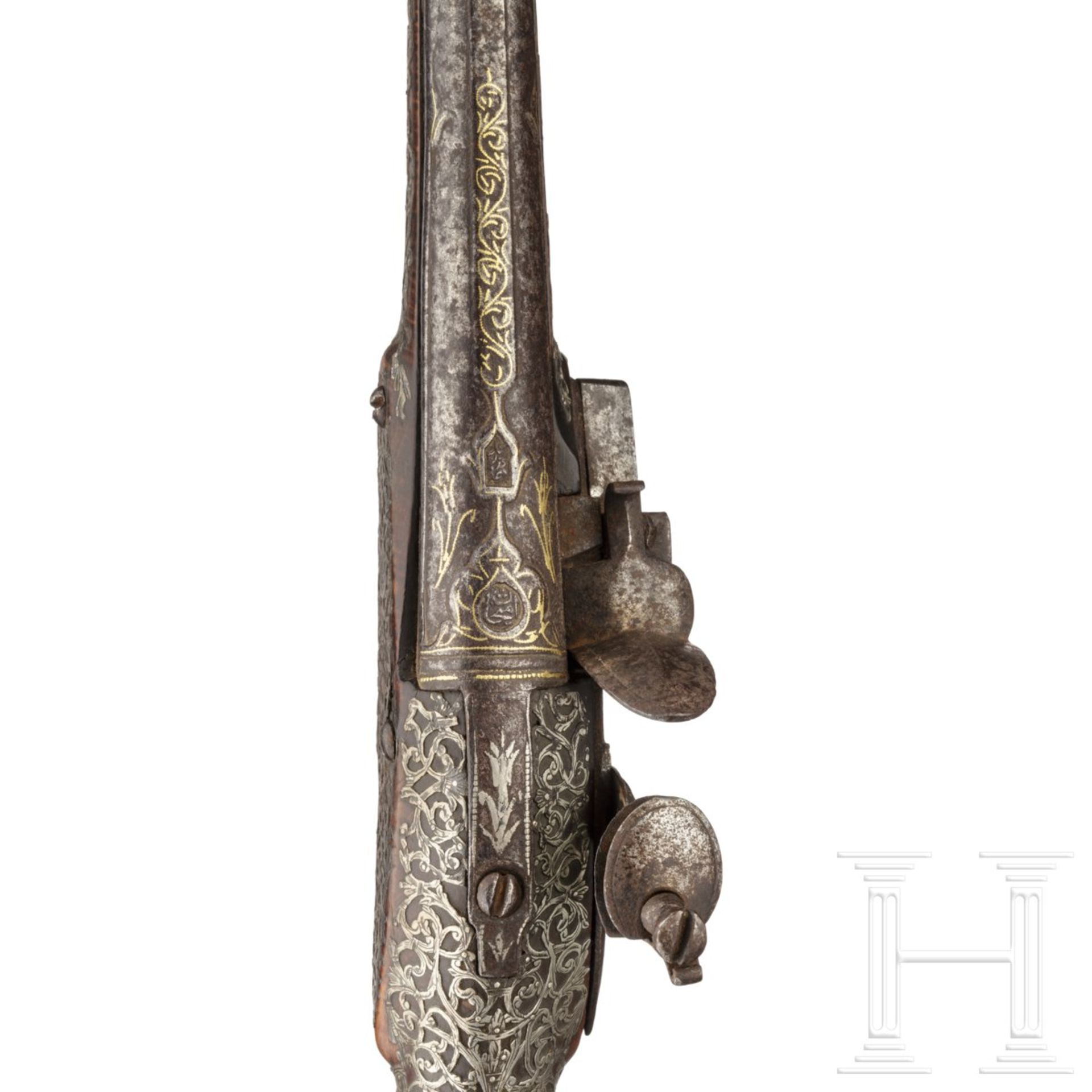Silbermontierte Steinschlosspistole, osmanisch, 18. Jhdt.Glatter Lauf im Kaliber 14 mm, im - Bild 6 aus 6