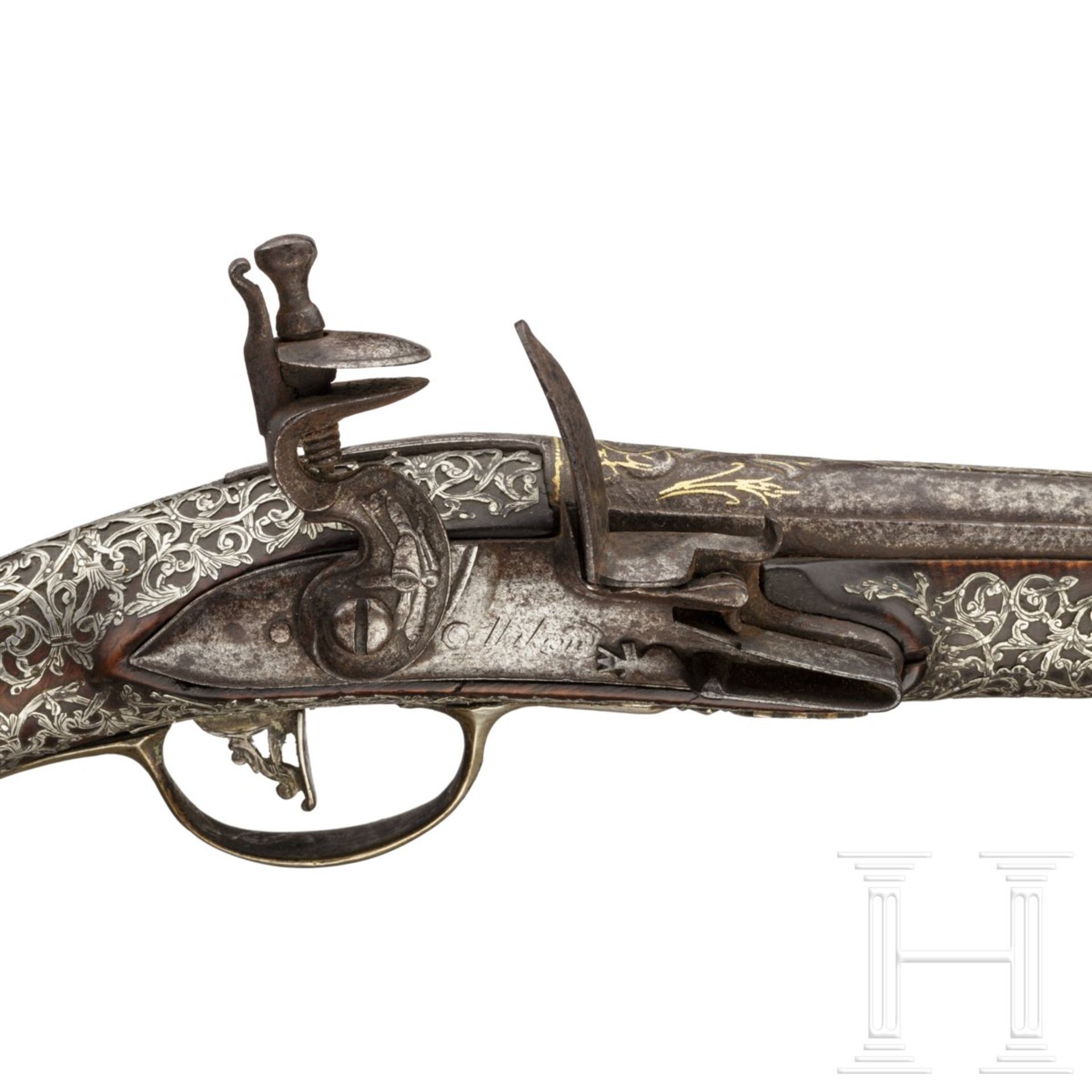 Silbermontierte Steinschlosspistole, osmanisch, 18. Jhdt.Glatter Lauf im Kaliber 14 mm, im - Bild 5 aus 6