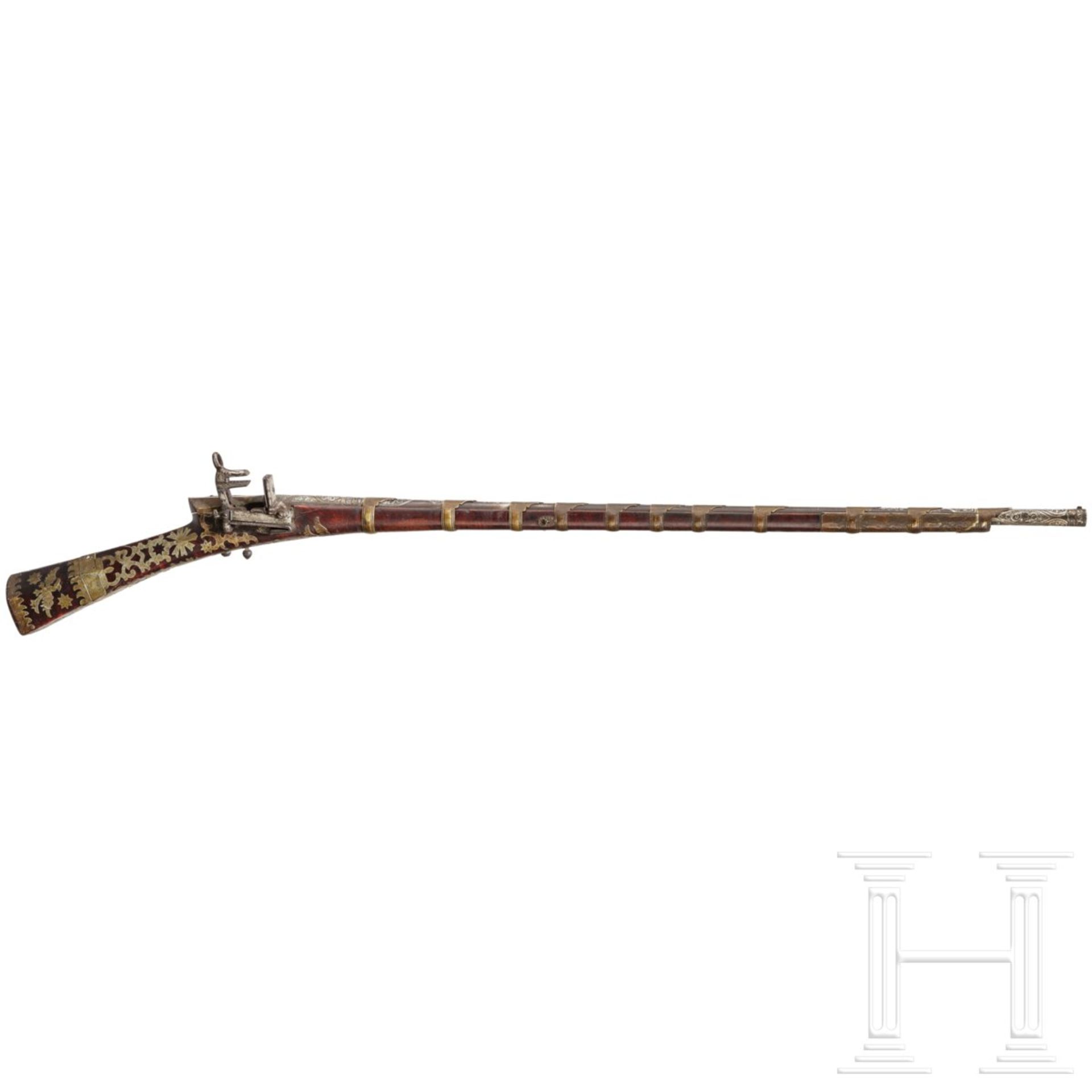 Miqueletgewehr (Tüfek), osmanisch, datiert 1803/04Im Mündungsbereich, auf der Oberseite und über der