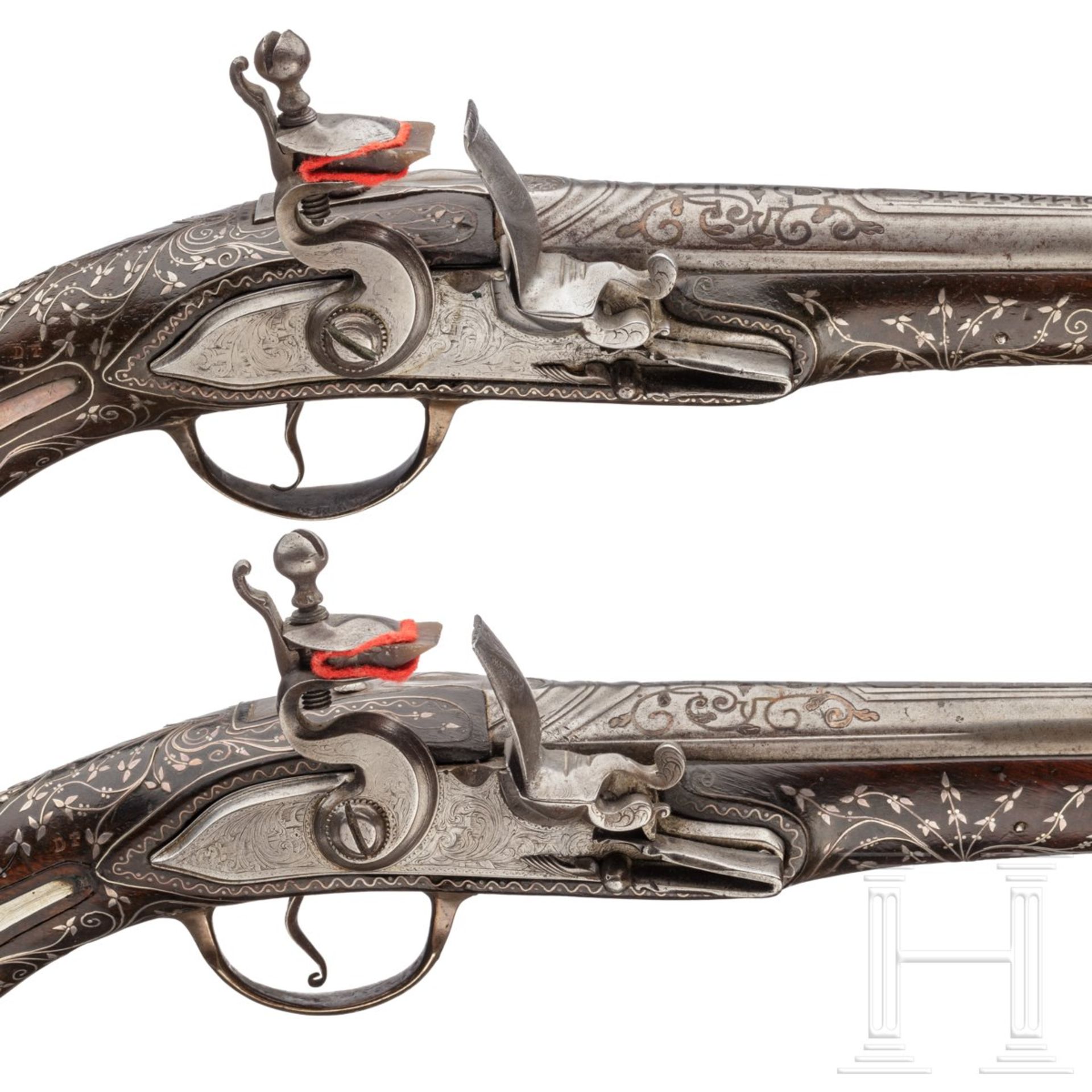 Ein Paar silbermontierte Steinschloss-Orientpistolen, osmanisch, um 1820/30Runde Läufe mit - Bild 5 aus 9