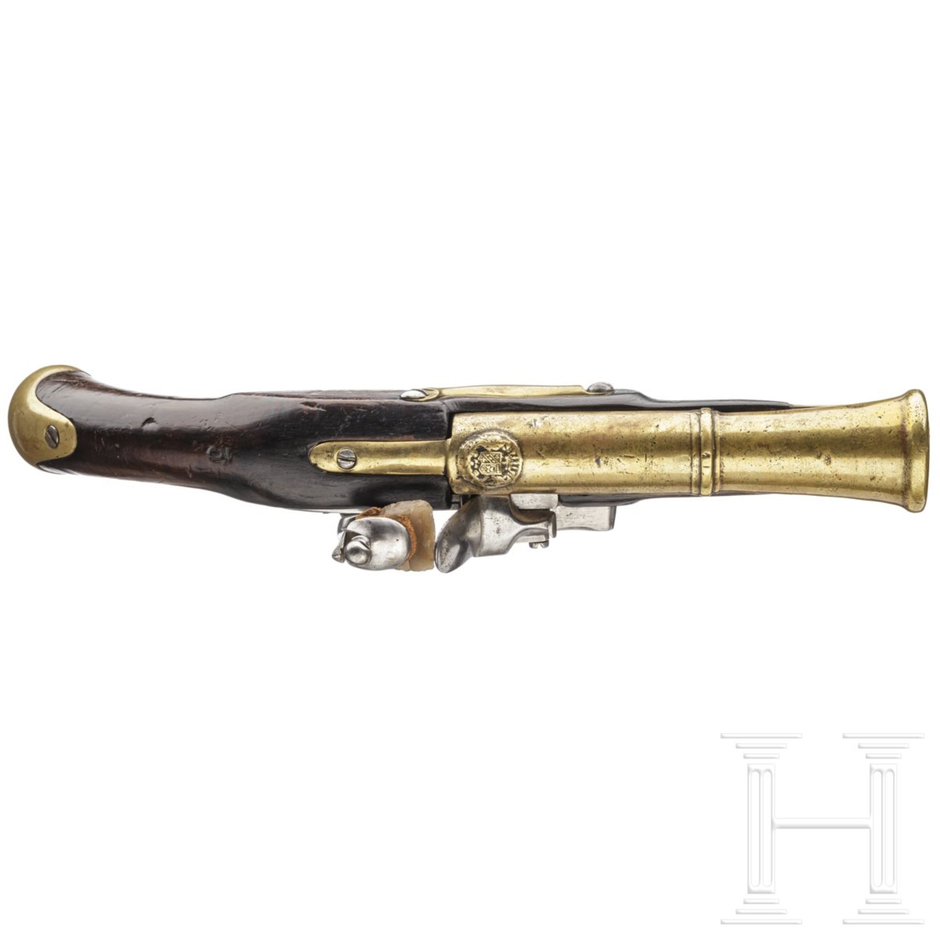 Militärische Steinschlosspistole mit Tromblonlauf aus Messing, wohl Italien, 1. Hälfte 19. Jhdt. - Bild 3 aus 3