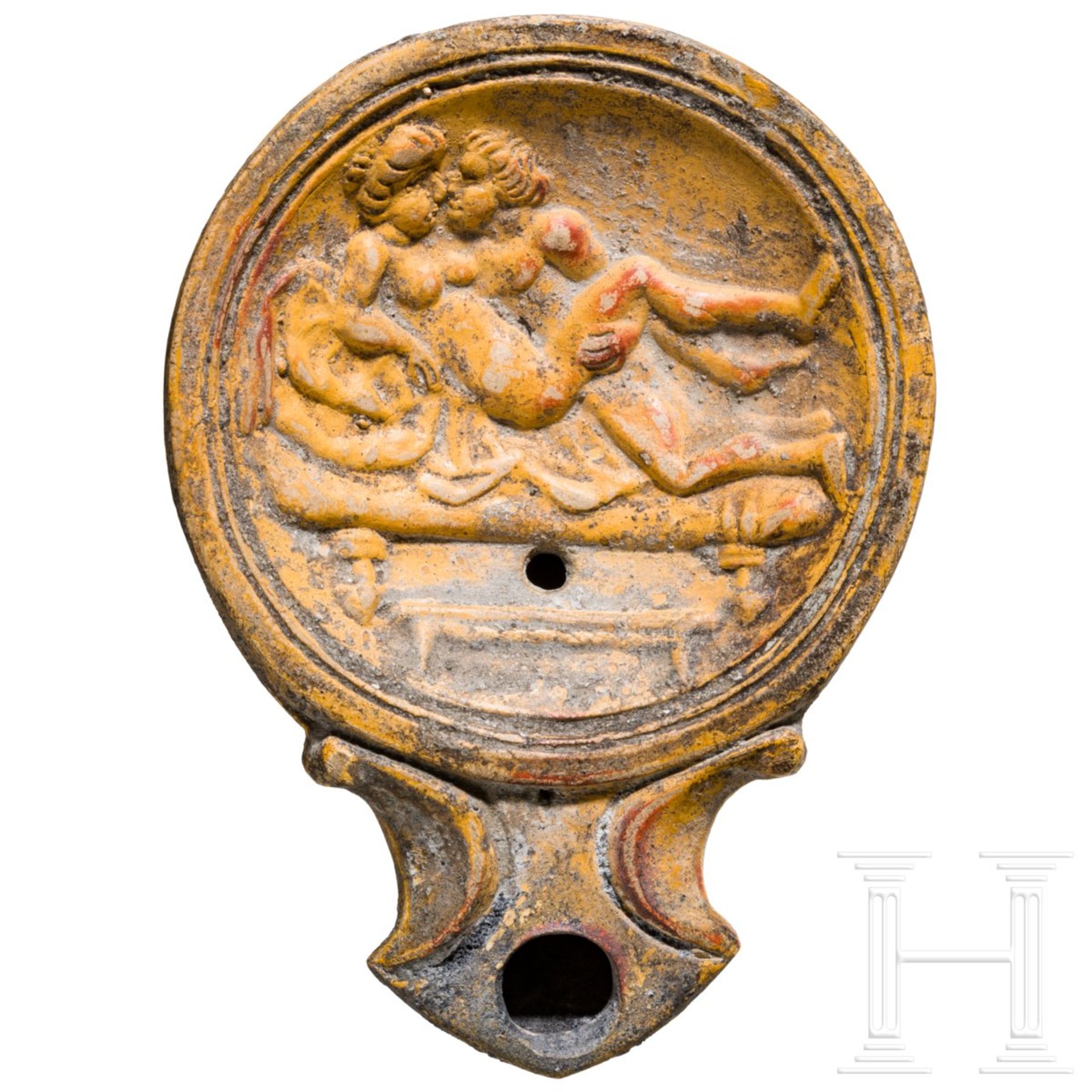 Öllampe mit erotischer Szene, römisch, 1. Jhdt.