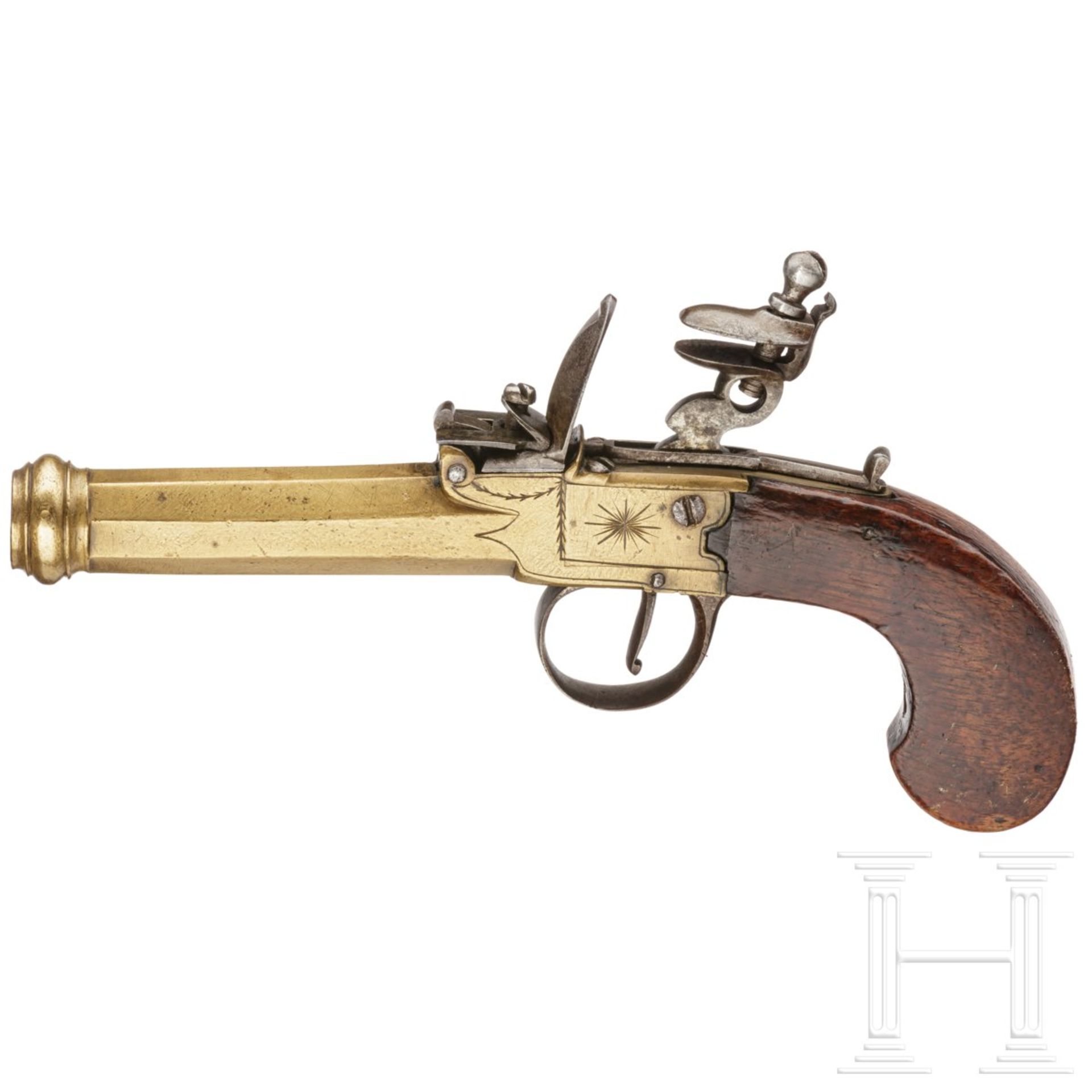 Steinschloss-Reisepistole aus Messing, Belgien, um 1800 - Bild 2 aus 2