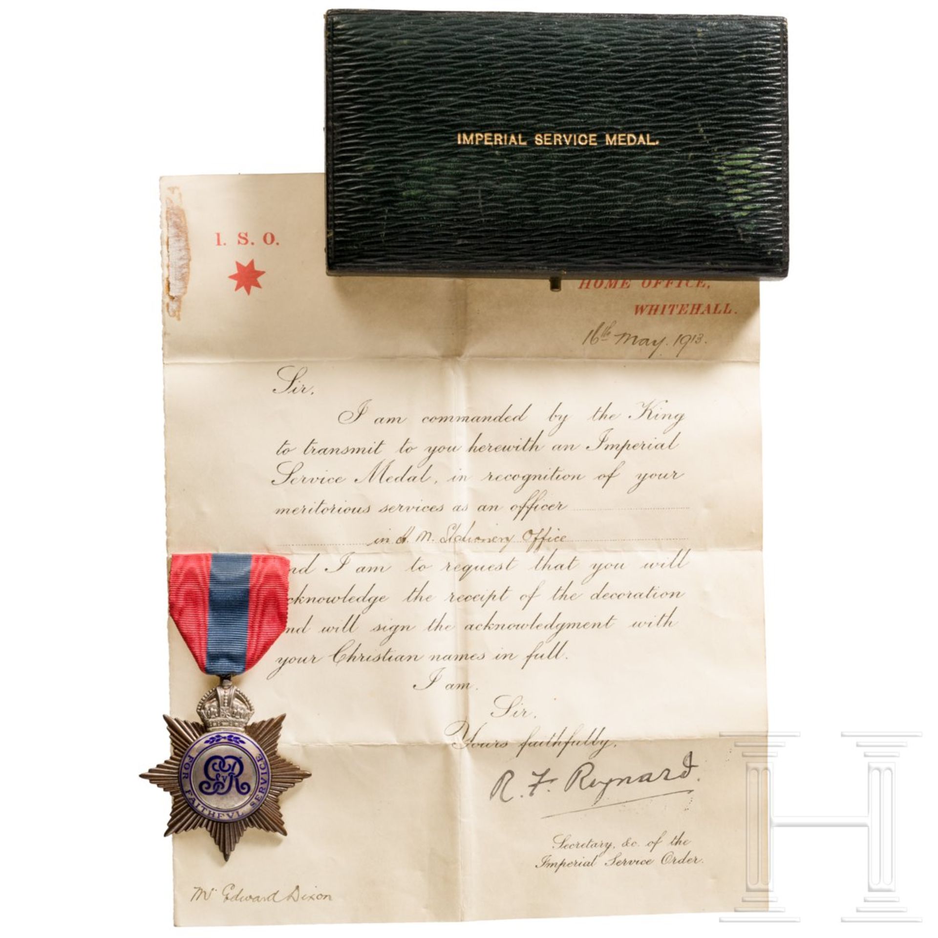 Großbritannien - Imperial Service Medal mit Urkunde, datiert 1913