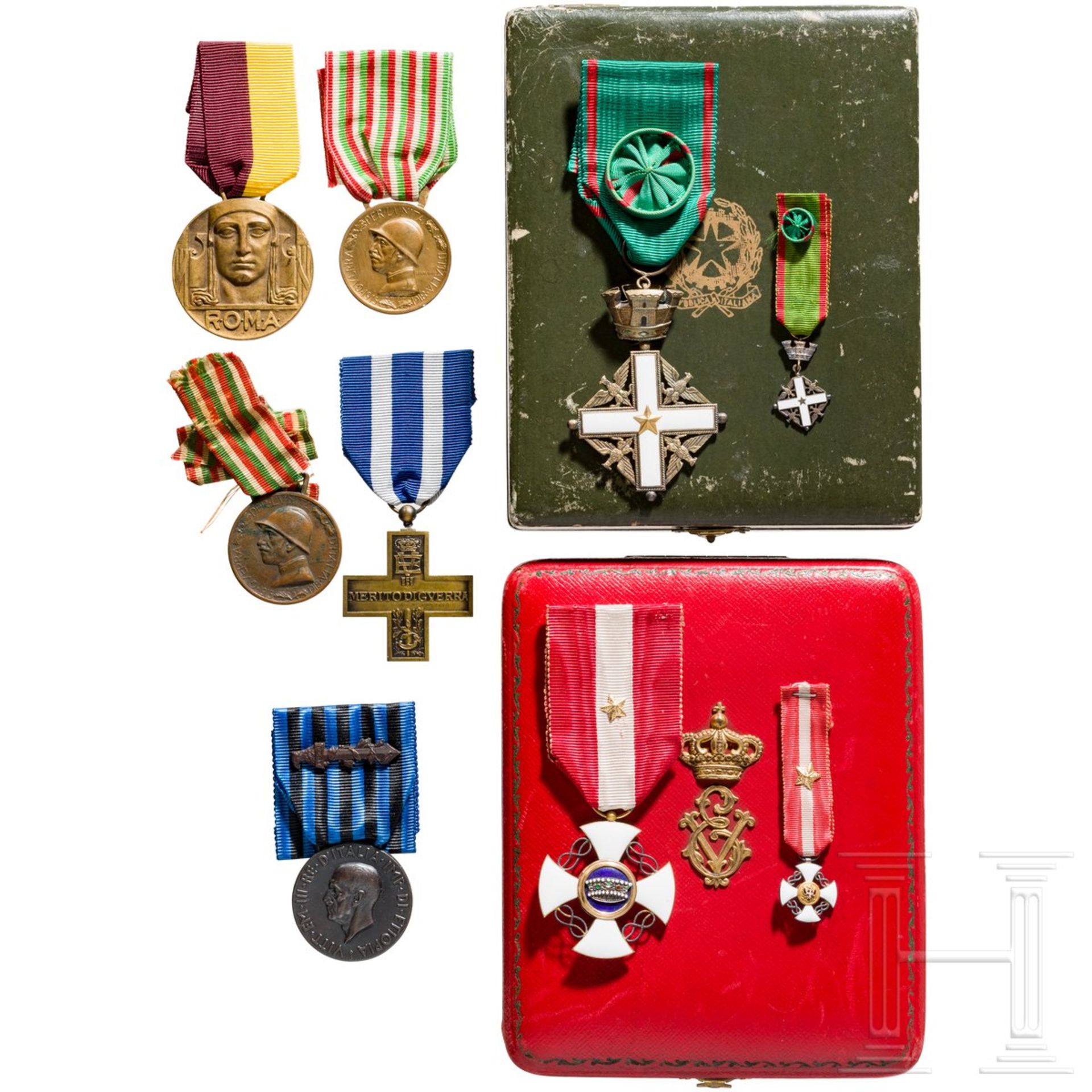 Orden der Krone von Italien - Kreuz der Ritter im Etui und weitere Auszeichnungen, Italien, 20. J
