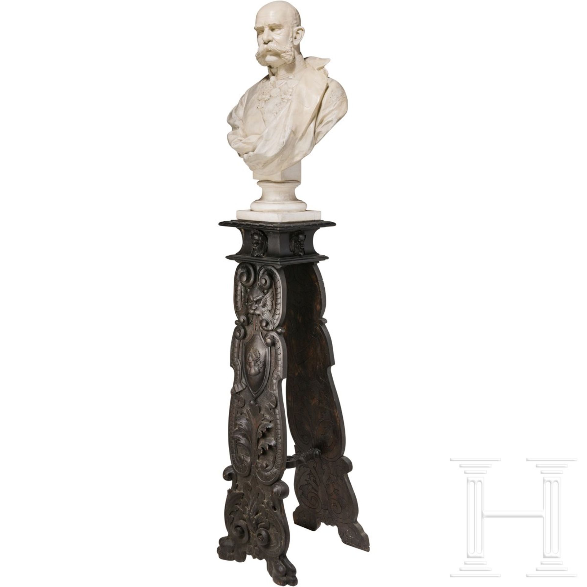 Kaiser Franz Joseph I. von Österreich - große Gipsbüste auf beschnitztem Holzständer - Bild 2 aus 4