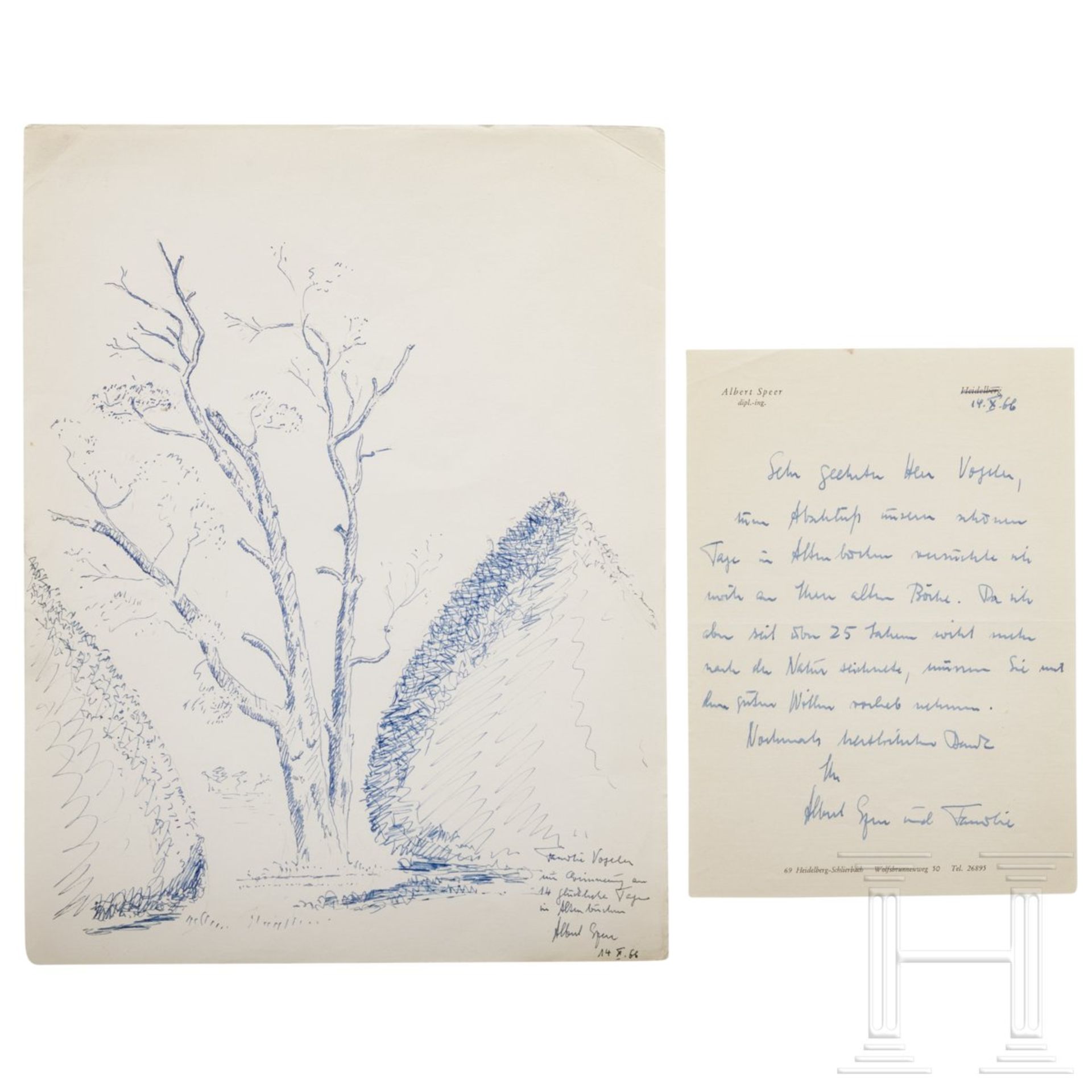 Albert Speer (1905 - 1981) - Zeichnung und Brief aus dem Jahre 1966