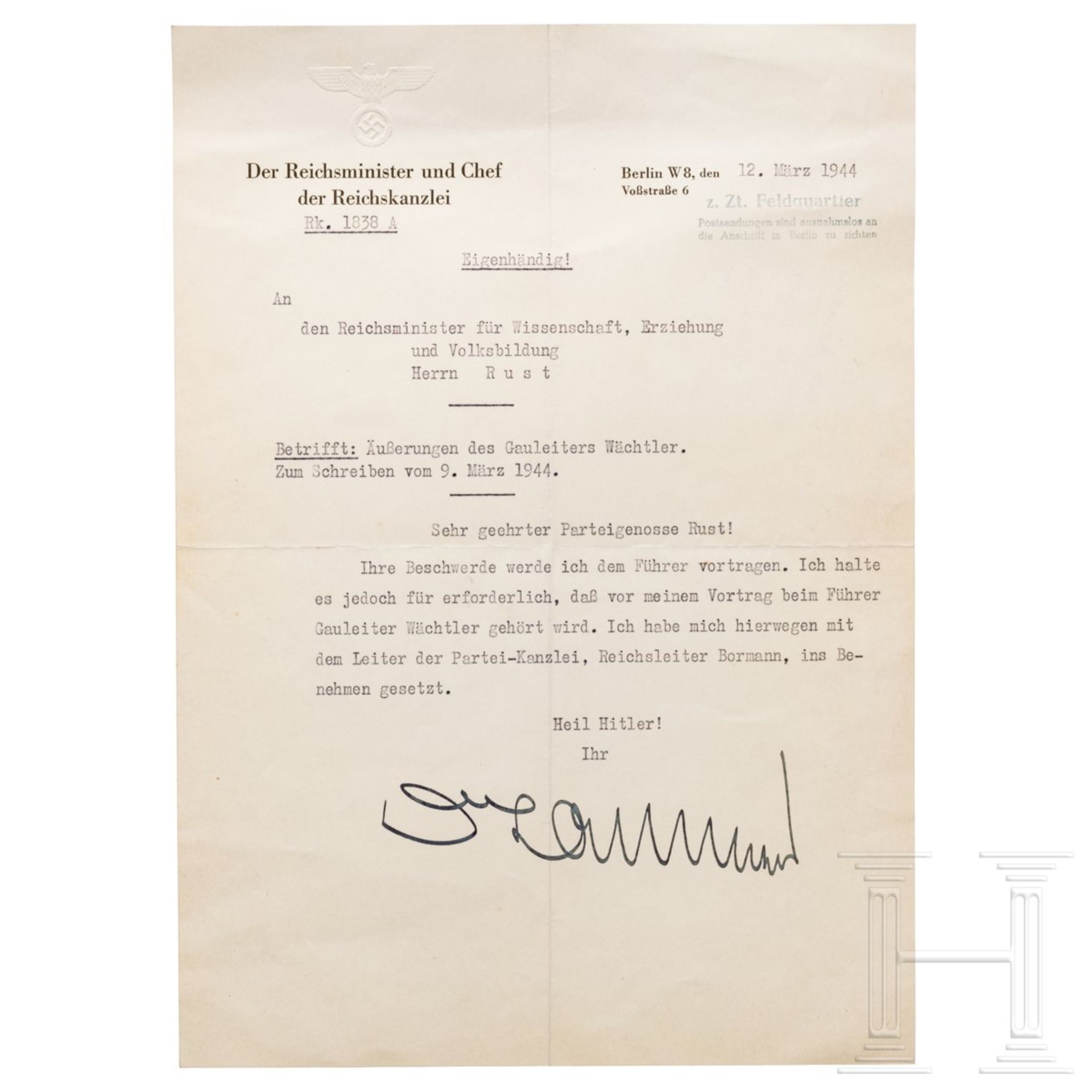 Hans Heinrich Lammers - eigenhändig signiertes Schreiben an Reichsminister Bernhard Rust vom 12.