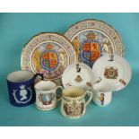 1937 Coronation: two Paragon plates, a Wedgwood blue jasperware mug, two others