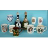 George V: two bottles & stoppers, three plates, three mugs, two beakers & a Royal Crown Derby vase