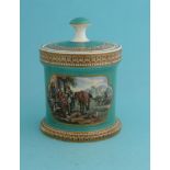 A cylindrical tobacco jar and cover: Driving Cattle (387) and Cavalier and Serving Woman (381)