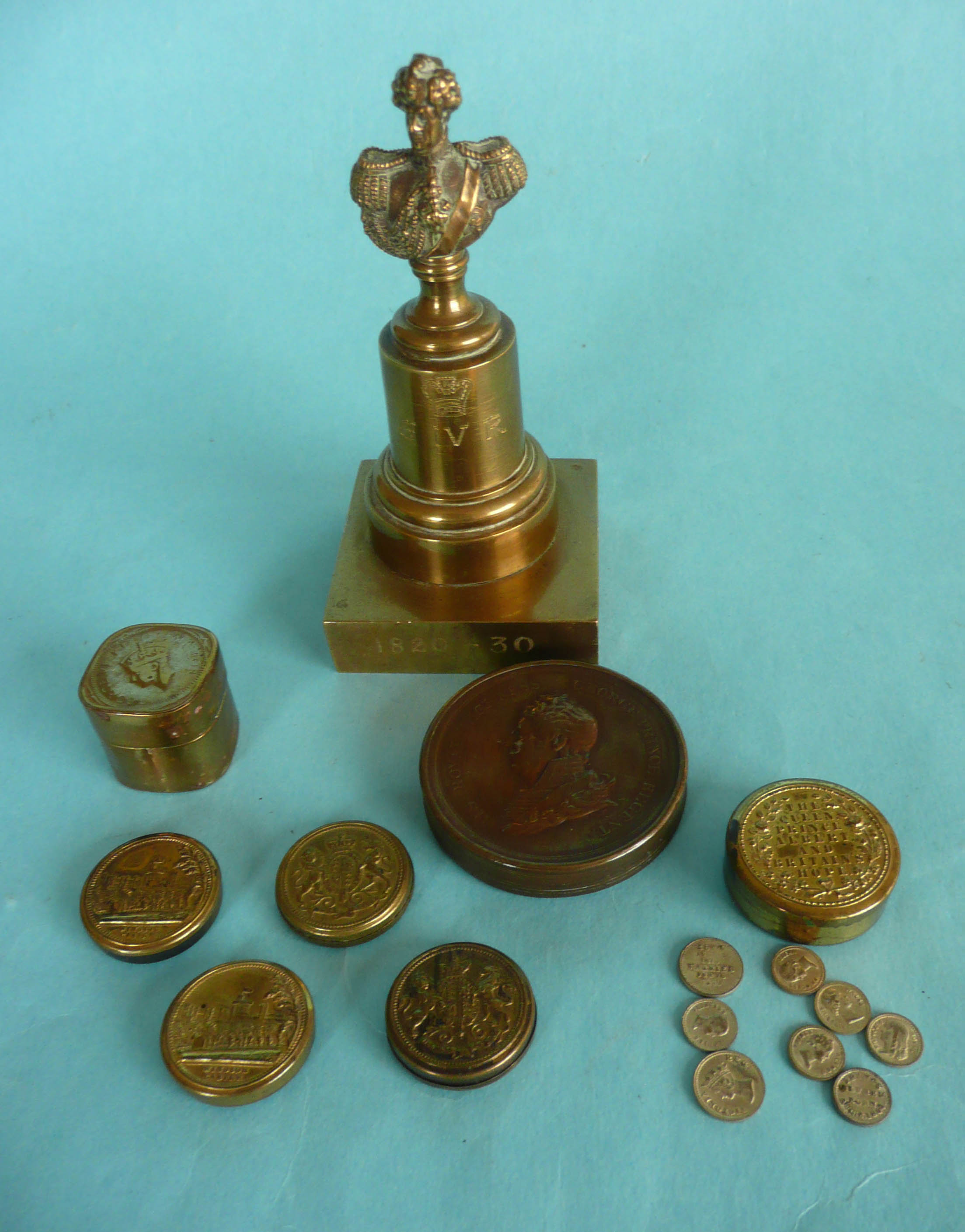 A small cast brass portrait bust on engraved base and an embossed copper box both for George IV