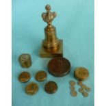 A small cast brass portrait bust on engraved base and an embossed copper box both for George IV