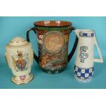 1937 Coronation: a large Royal Doulton loving cup, 265mm, a Copeland lamp base and a Crown Ducal jug