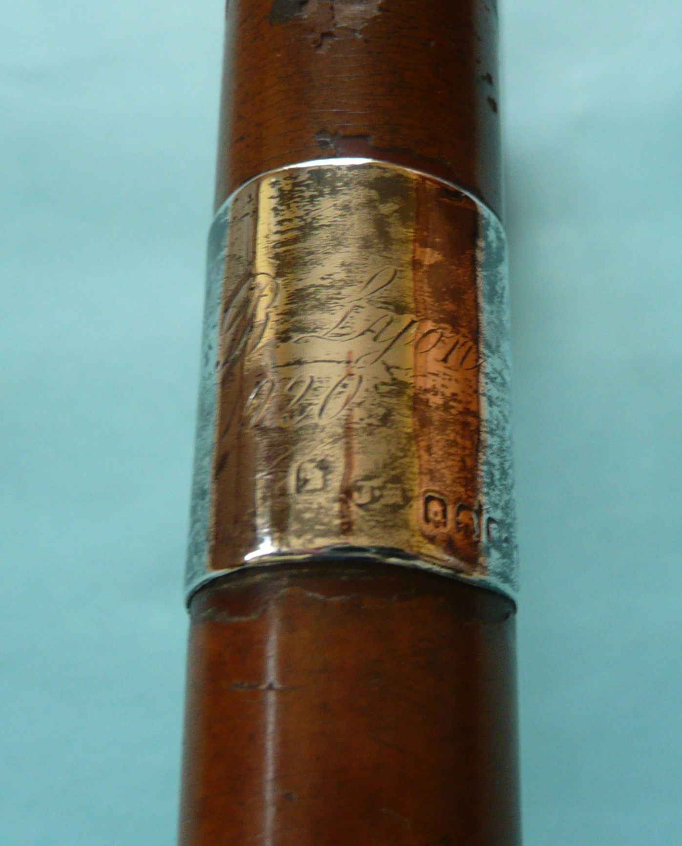 A walking stick with silver collar hallmarked for London 1916, engraved C.B. Lyon 1920 - Image 2 of 3