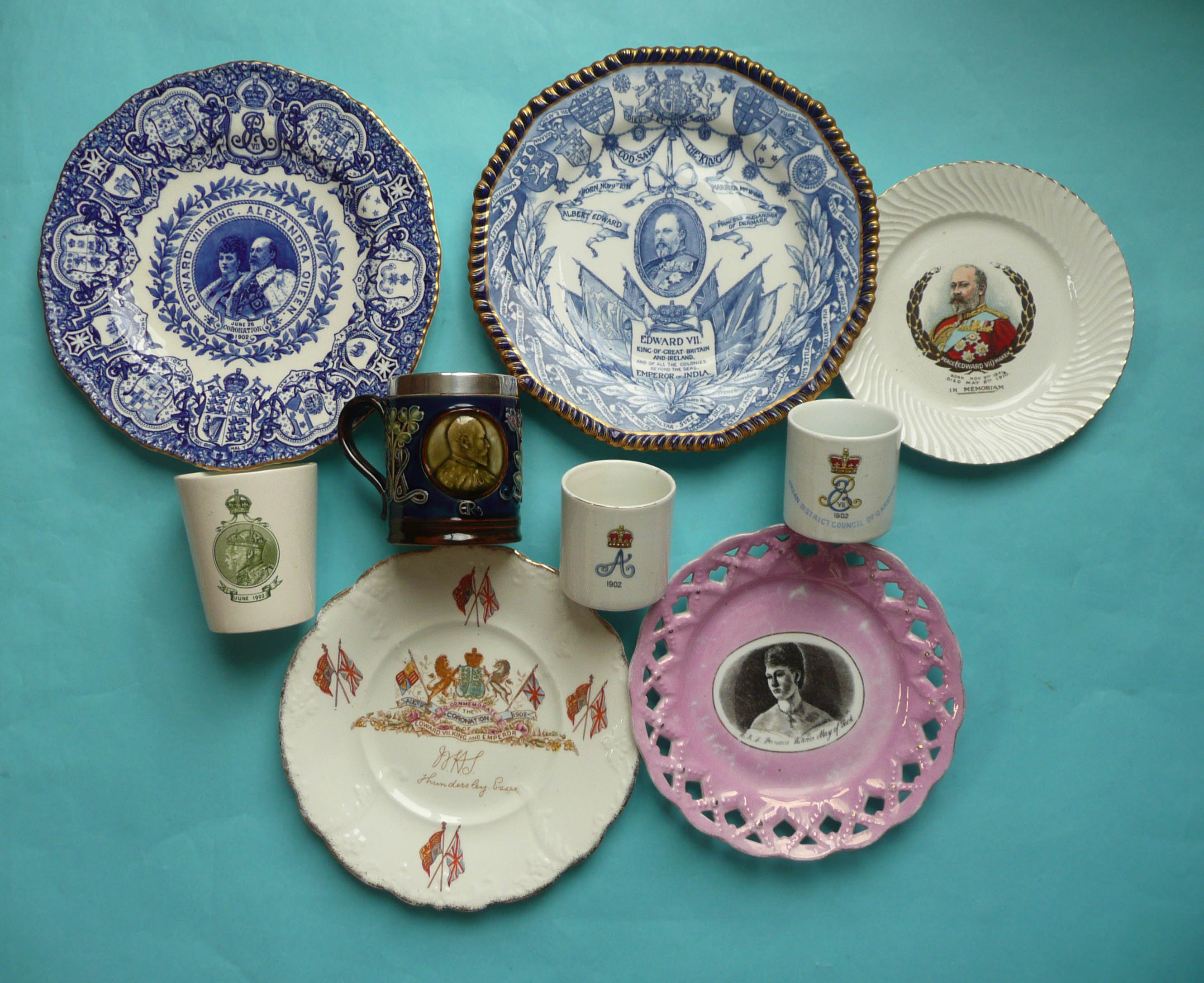 Edward VII: five plates including an unusual Princess May print, two lithophane mugs, Alexandra