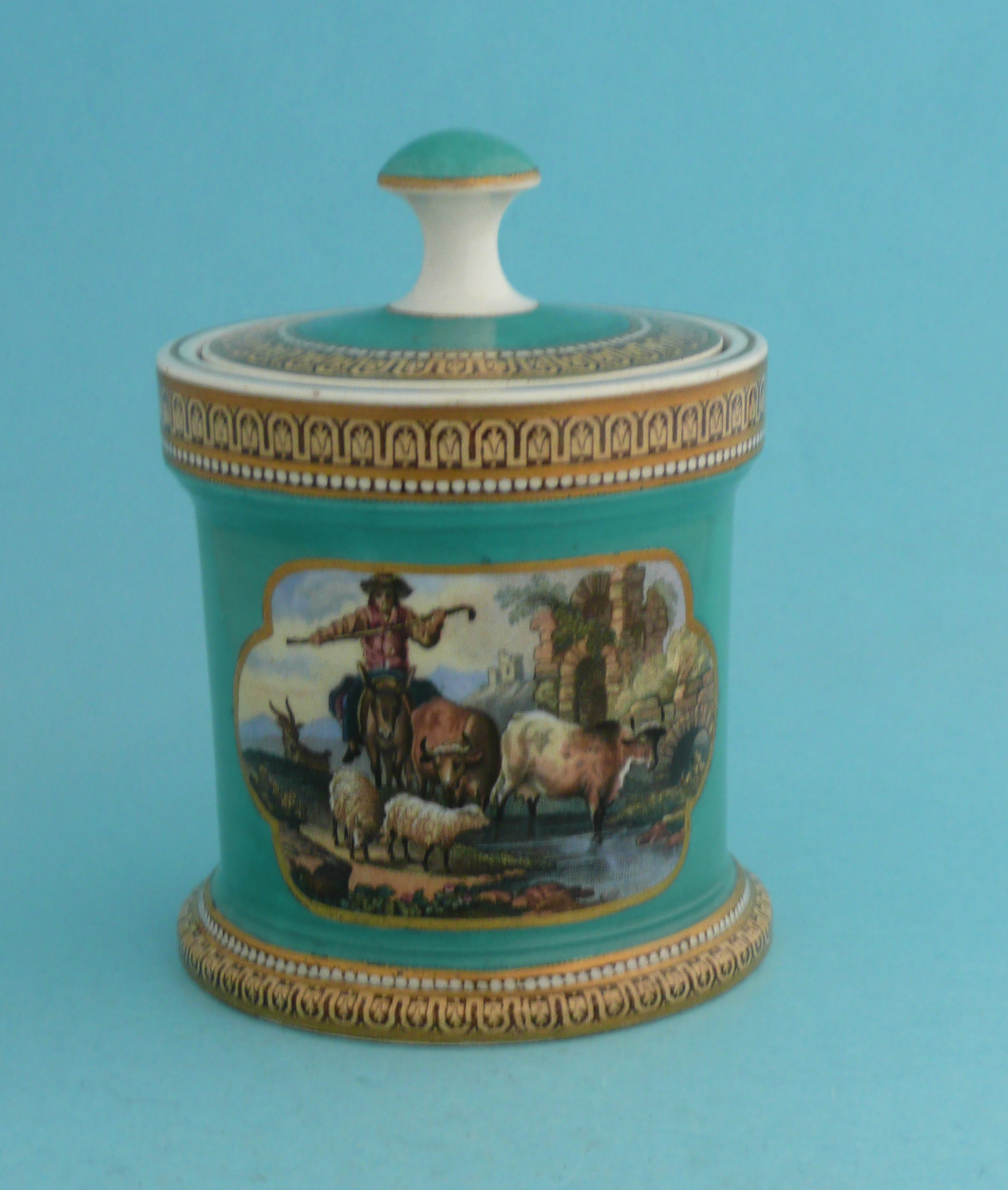 A cylindrical tobacco jar and cover: Driving Cattle (387) and Cavalier and Serving Woman (381) - Image 2 of 3