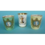 George VI: a Minton beaker and two Royal Doulton curved sided porcelain coloured beakers (3)