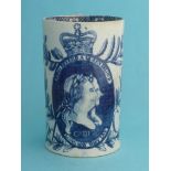 George III: a pearlware tall cylindrical mug printed in blue with initialled superimposed profiles