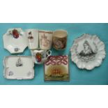 Victoria: a tile, a moustache cup, saucer and beaker for 1887; a mug & a continental plate for 1897