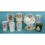1897 Jubilee: a Royal Crown Derby beaker, four other beakers, a trio, a tyg, a plate & three dishes