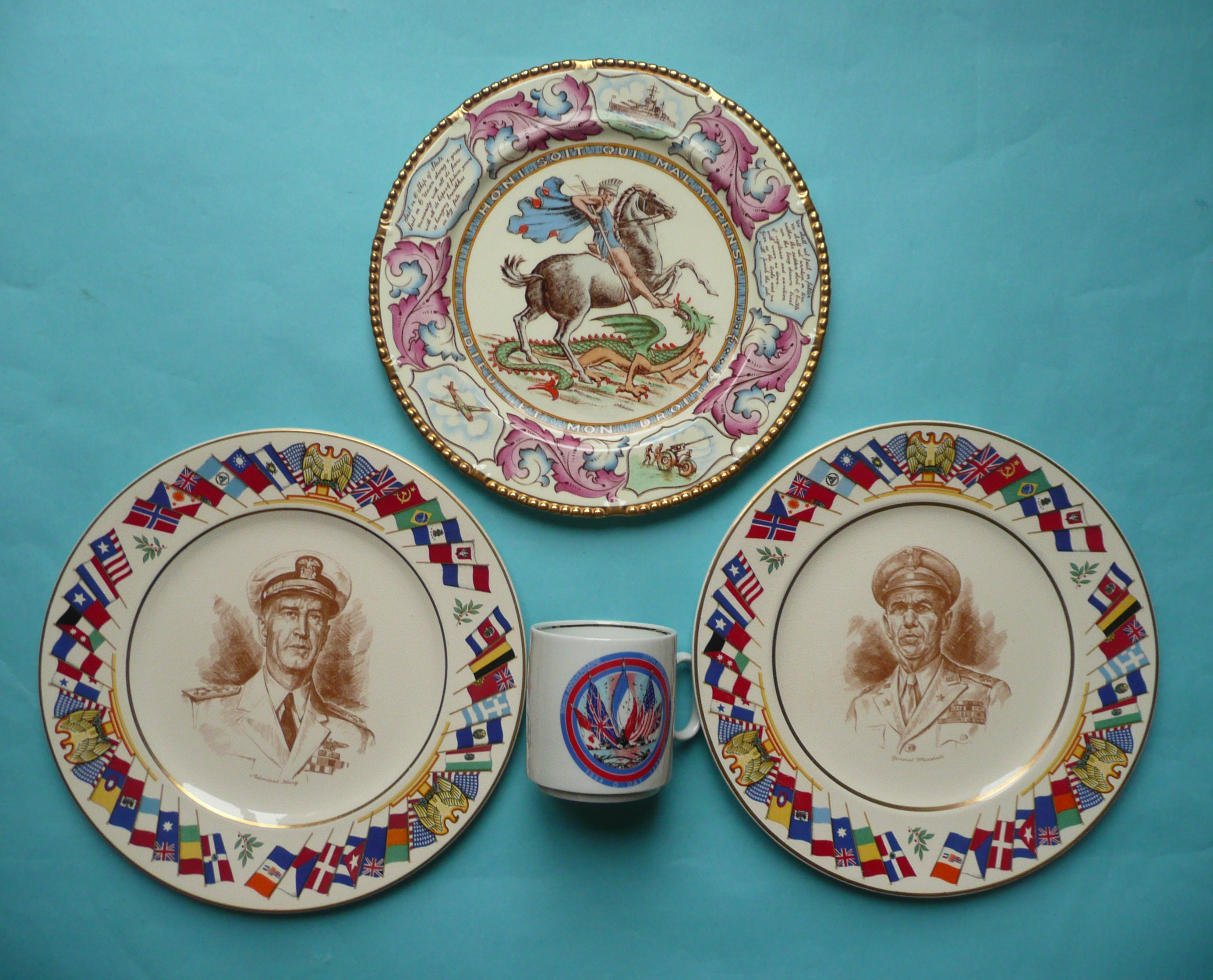 World War II: a Paragon plate the reverse inscribed for democracy, two American pottery plates