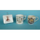 George VI: a Royal Crown Derby cigarette box and mug, 92mm, another mug by Copeland (4)