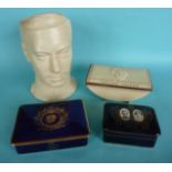 1937 Coronation: a cream glazed maskhead jug, 210mm and three cigarette boxes each with a cover