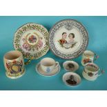 George VI: a Crown Devon musical mug, two plates by Winton and Paragon and two mugs