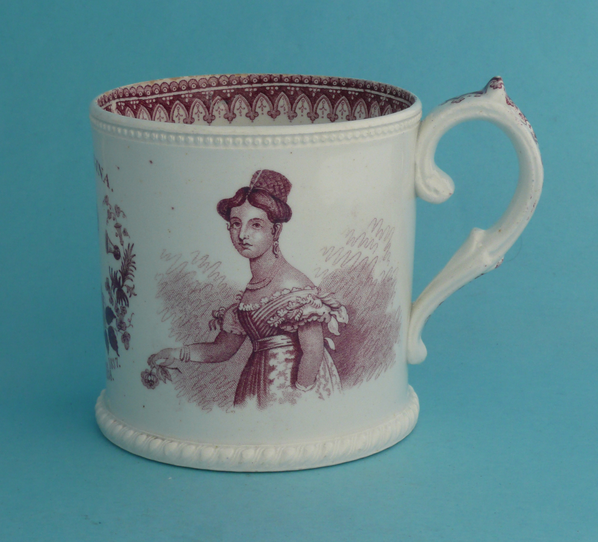 1838 Coronation: a cylindrical pearlware mug by Read & Clementson printed in pink with portraits
