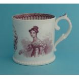 1838 Coronation: a cylindrical pearlware mug by Read & Clementson printed in pink with portraits