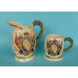 1937 Coronation: a Crown Devon musical jug to play ‘Heres a Health’ 208mm and a similar mug (2)