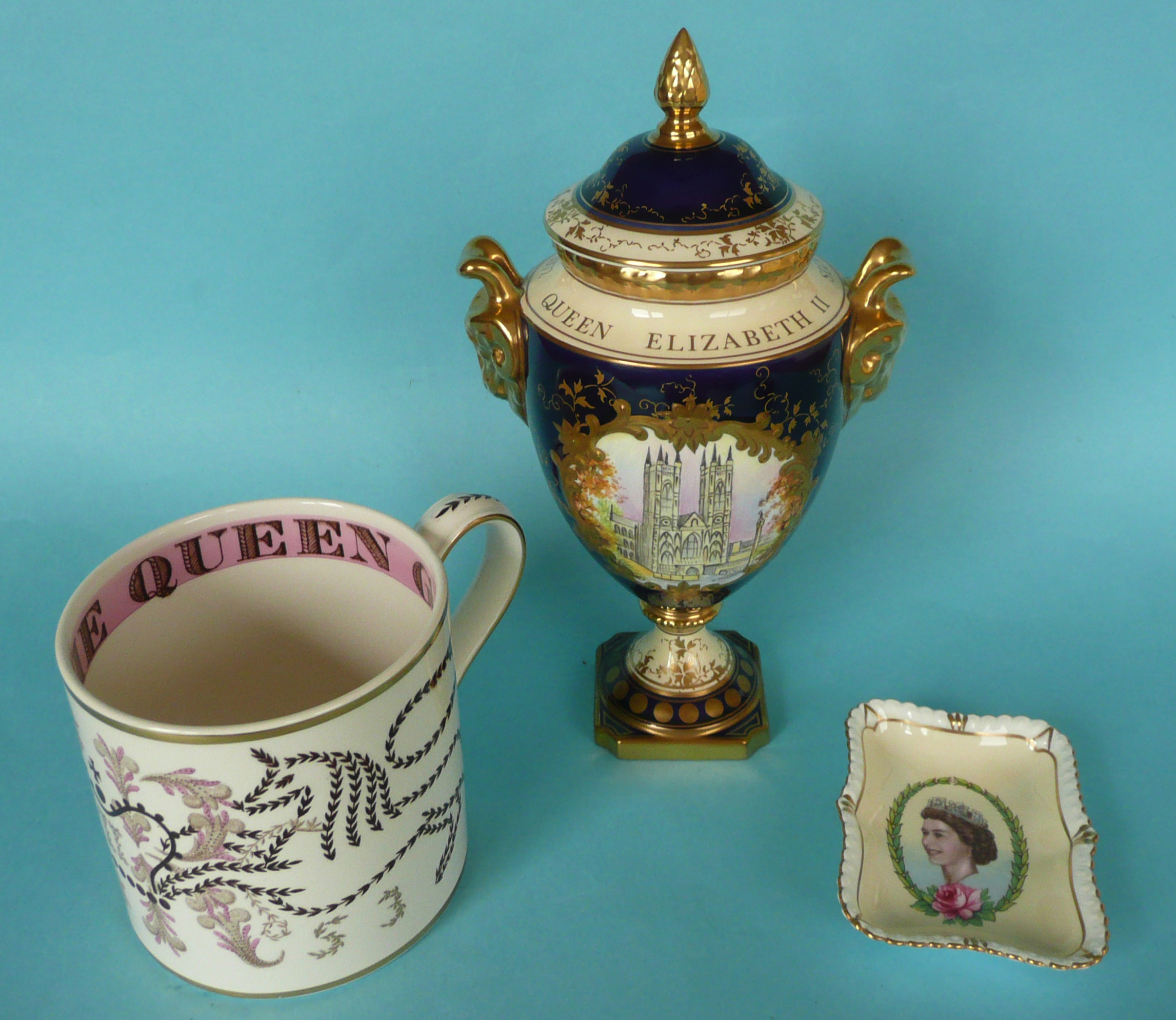 Elizabeth II: a Guyatt mug and a Royal Crown Derby dish for 1953 and a Coalport vase for 1977 (4)