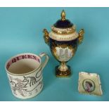 Elizabeth II: a Guyatt mug and a Royal Crown Derby dish for 1953 and a Coalport vase for 1977 (4)