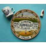 World War I: a Dutch delft plate for 1919 Versailles peace, a mug and a crested shell (3)