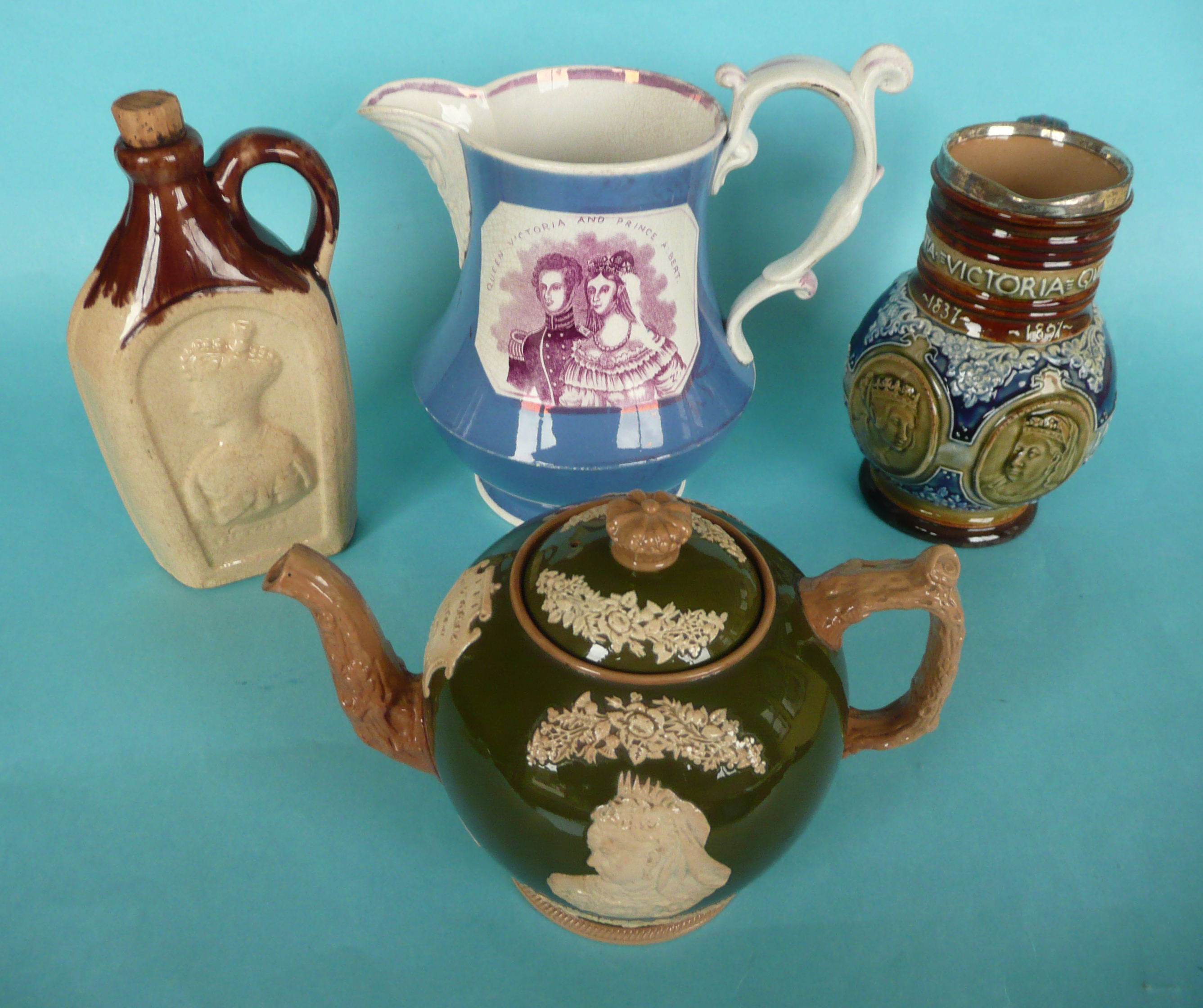 Victoria: a jug and a spirit flask for 1840 wedding; a Copeland teapot and a Doulton Lambeth jug