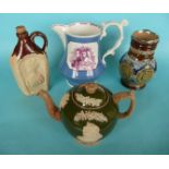 Victoria: a jug and a spirit flask for 1840 wedding; a Copeland teapot and a Doulton Lambeth jug