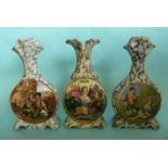 Three vases with flared necks on scroll feet, (3)